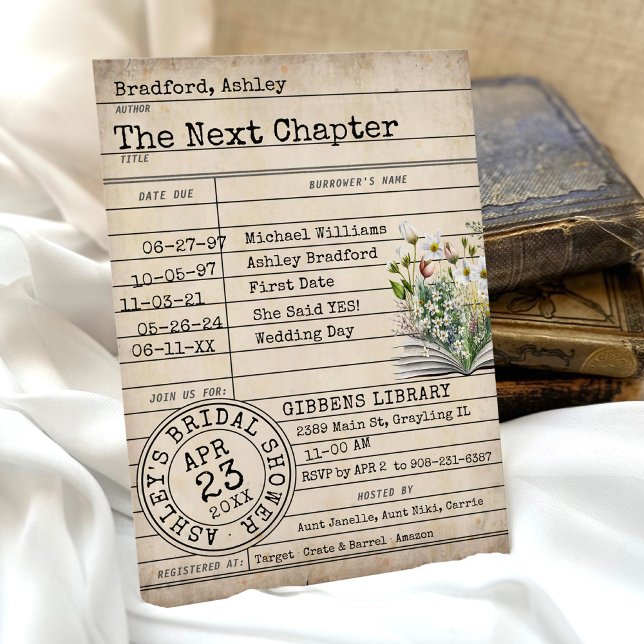 Wildblume Vintage Bibliothekskarte Brautparty Einladung (Rustic library card floral books vintage typewriter font The Next Chapter Bridal Shower Invitation)
