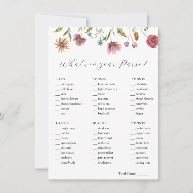 Wildblume Was ist in Ihrer Purse Bridal Game Card? Einladung (Vorderseite)