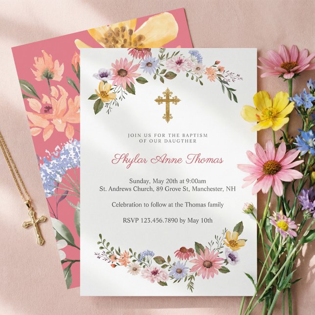 Wildblume Wasserfarbe Blumenreath Taufe Einladung (Watercolor Wildflower Floral Wreath Baptism Invitation)