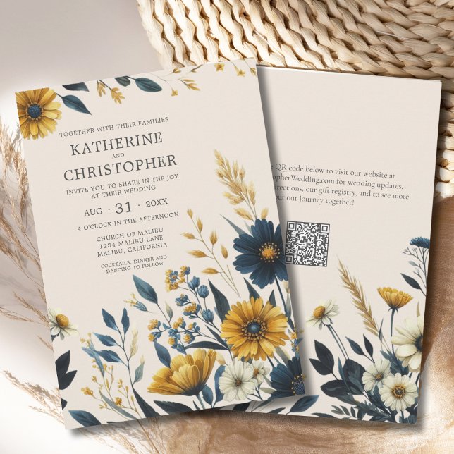 Wildblume Wasserfarbe Elegante Hochzeit von Beige  Einladung (Elegant Watercolor Wildflowers Beige Wedding Invitation with Blue and Yellow Wildflowers, QR Code.)