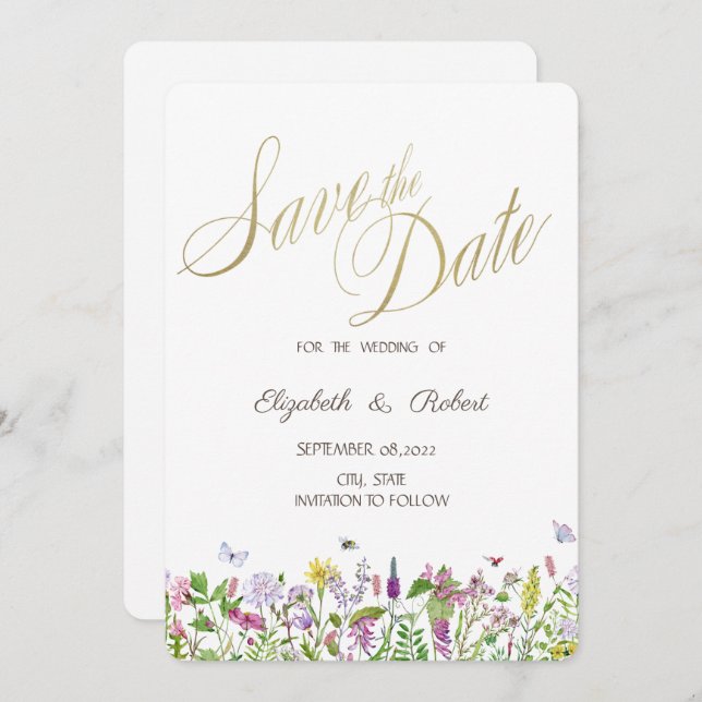 Wildblume Wasserfarbe Schmetterlinge Save The Date (Vorne/Hinten)
