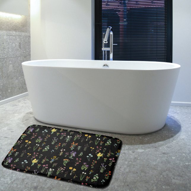 Wildblume Wasserfarbe Schwarzer Botanischer Flor Badematte (Wildflower Watercolor Black Botanical Floral Bath Mat)