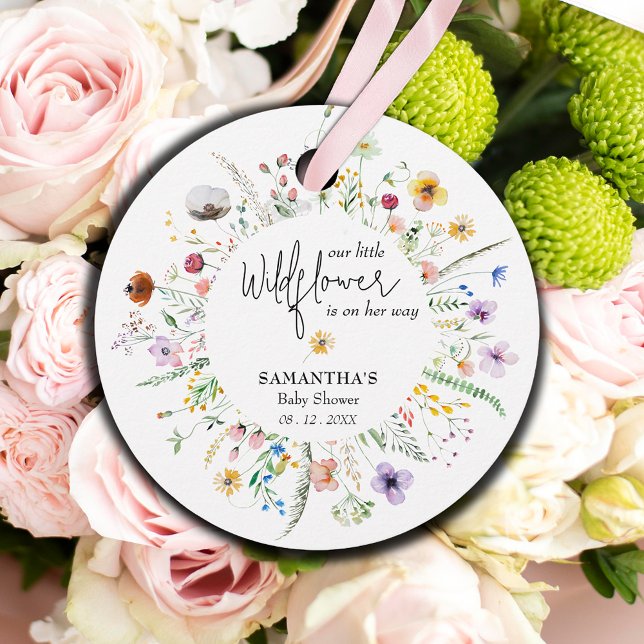 Wildblume Watercolor Babydusche Vielen Dank Geschenkanhänger (Wildflower Watercolor Baby Shower Thank You Round Favor Tags)