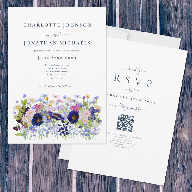 Wildblume Watercolor Blue QR Code Hochzeit Einladung (Blue wildflowers meadow watercolor wedding invitation with elegant typography script QR code rsvp)