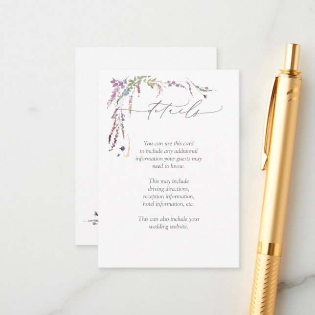 Wildblume Watercolor Calligraphy Wedding Details Begleitkarte (Vorderseite/Rückseite Beispiel)