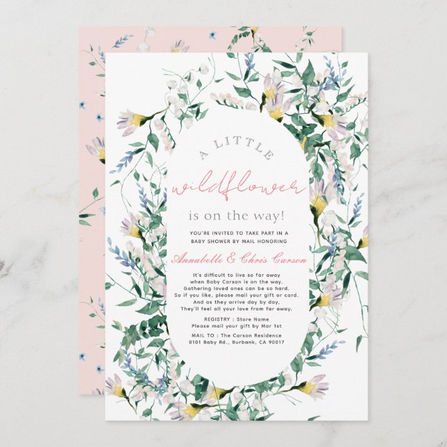 Wildblume Watercolor Girl Babydusche per Mail Einladung (Vorne/Hinten)
