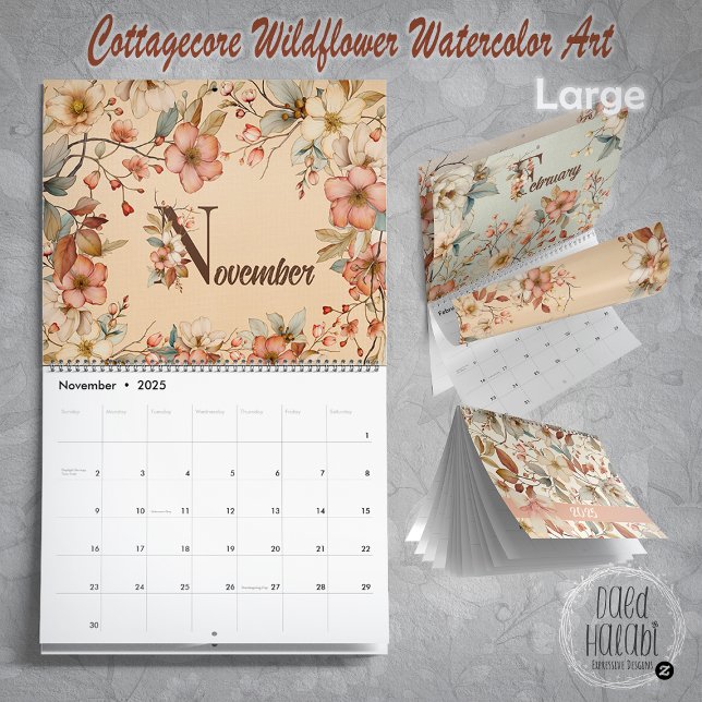 Wildblume Watercolor Kunst, Dichtung und Musik Kalender (Cottagecore Wildflower Watercolor Art Calendar - Large)