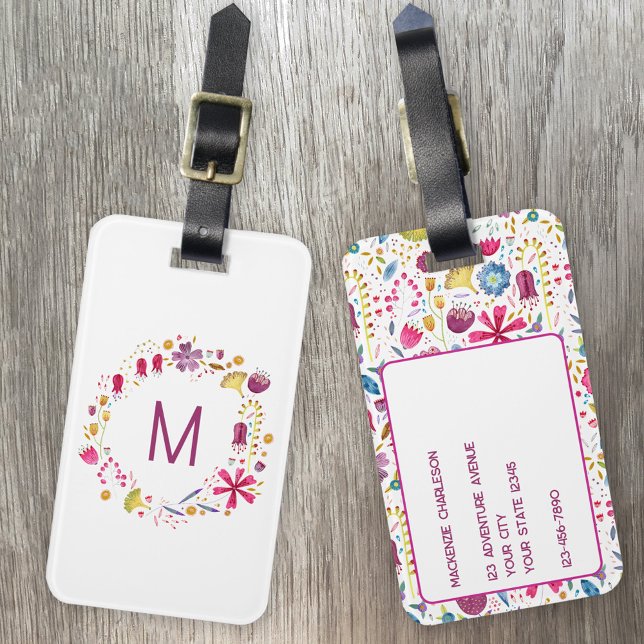 Wildblume Watercolor Monogram Personalisiert Gepäckanhänger (Modern monogram initial personalized watercolor wildlife wreath luggage tag)