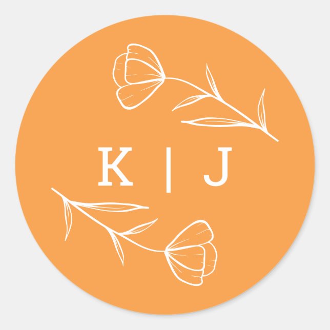 Wildblume Wedding Monogram Aufkleber in Orange (Vorderseite)