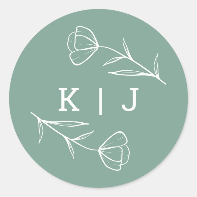 Wildblume Wedding Monogram Aufkleber in Sage (Vorderseite)