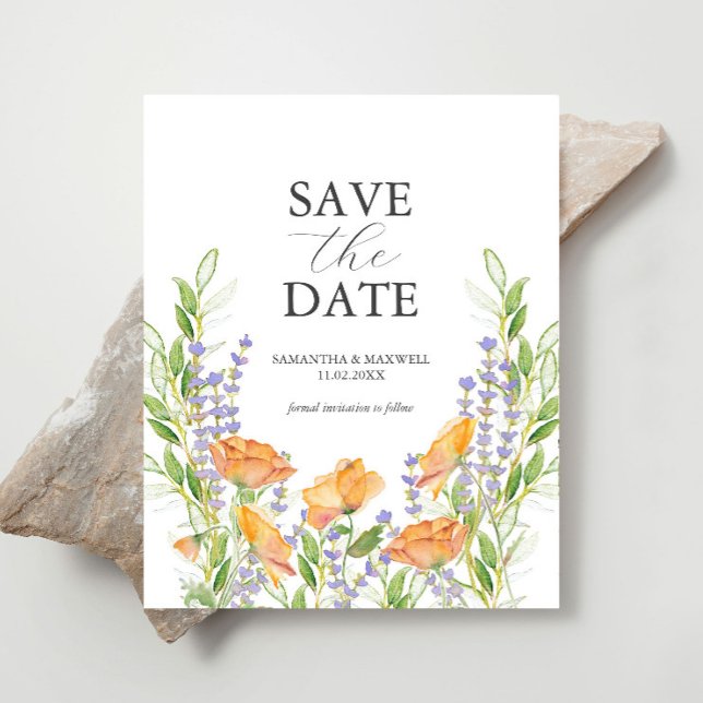 Wildblume Wedding Thema Save the Date Flyer (Budget wedding save the date watercolor orange and purple flowers by Victoria Grigaliunas)