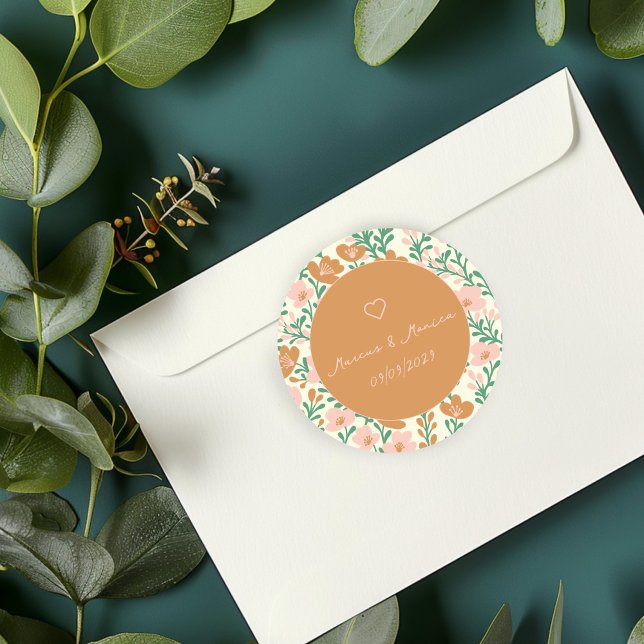 Wildblume Weinreben Rosa Grün Elegante Hochzeit na Runder Aufkleber (Wildflower Vines Pink Green Elegant Wedding Custom Classic Round Sticker
)