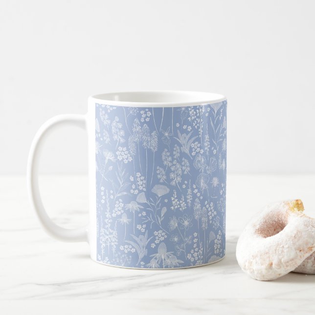 Wildblume Weiß auf blaue Kaffee Tasse (Mit Donut)