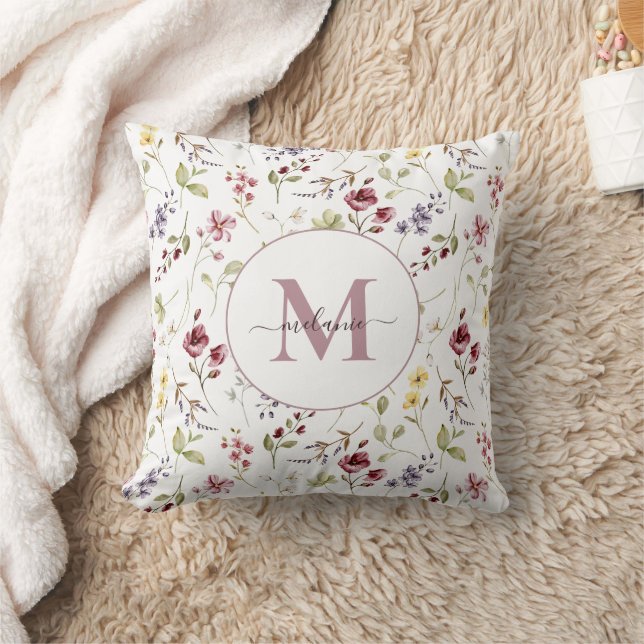 Wildblume Weißes Mauve Monogramm Geschenkkissen Ki Kissen (Decke)
