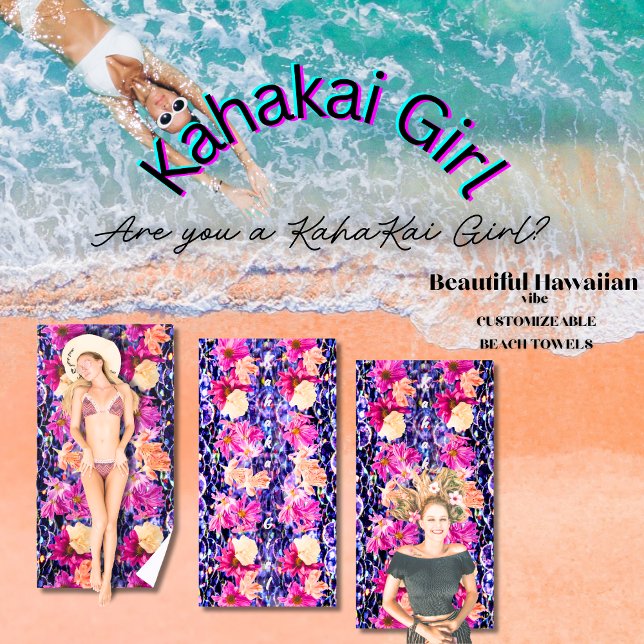 Wildblume Whimsical Glitzer Stone "Kahakai Girl" Strandtuch (Customizable floral beach towels with vertical text that reads "Kahakai Girl," for sea-loving girls)