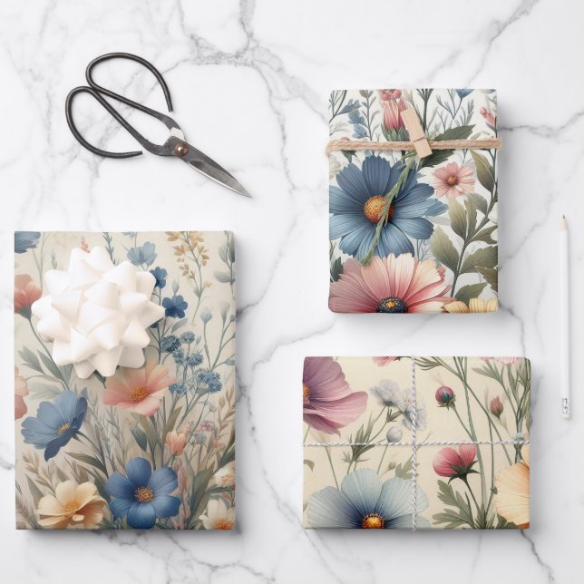 Wildblume Wiese Beige Hintergrund Geschenkpapier Set (Vorderseite)