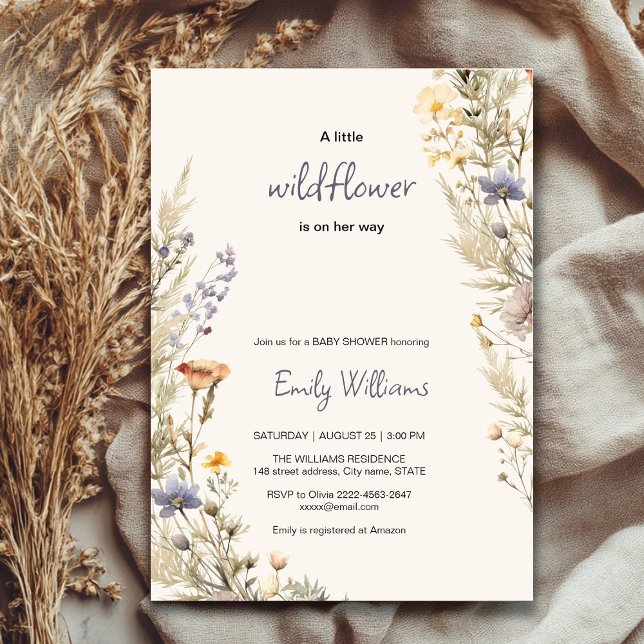 Wildblume Wiese Boho Babydusche Einladung (A little wildflower elegant rustic boho watercolor baby shower invitation, baby in bloom)