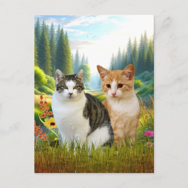 Wildblume Wiese mit Katzen Postkarte (Vorderseite)