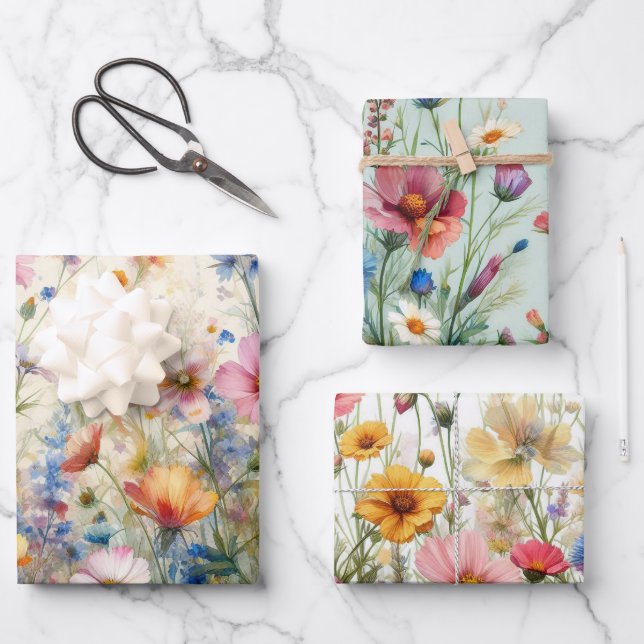Wildblume Wiesenrosa, Rot, Gelb, Lila, Blau Geschenkpapier Set (Vorderseite)