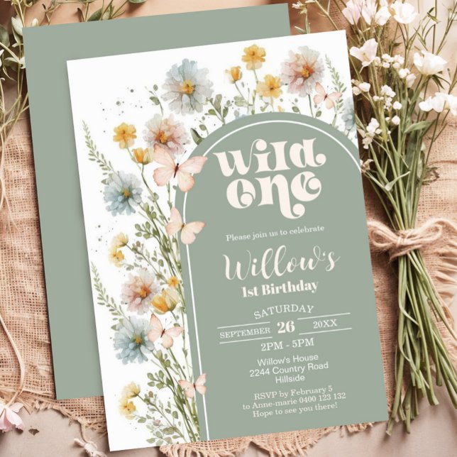 Wildblume Wild One Birthday Einladung Boho Sage (Boho Wildflower Wild One 1st Birthday Invitation)