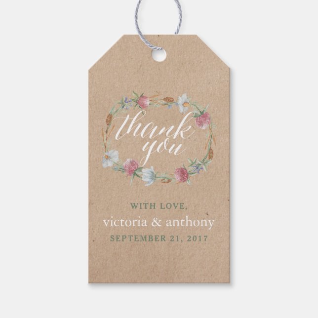 Wildblume Wraath on Kraft Country Wedding Geschenkanhänger (Vorderseite)