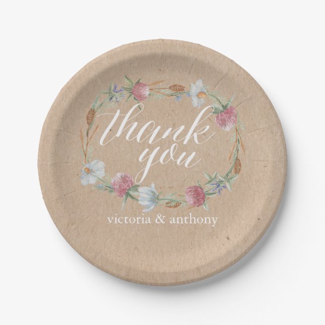 Wildblume Wraath on Kraft Country Wedding Pappteller (Vorderseite)