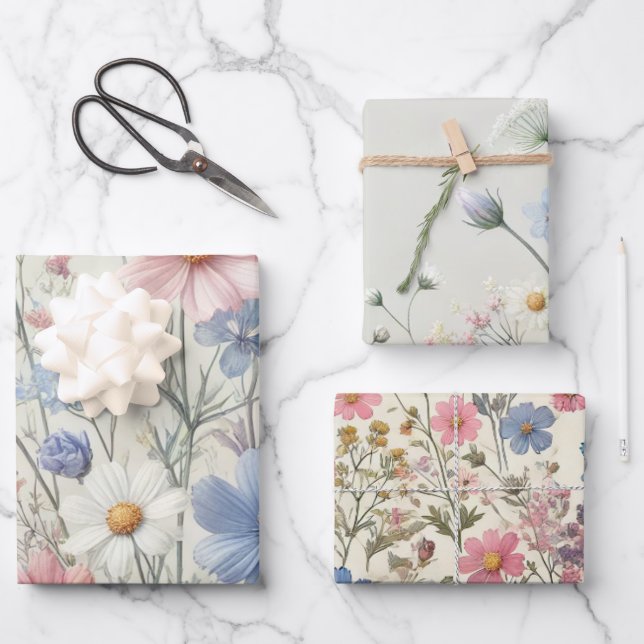 Wildblume Wrapping Paper Set - Packung mit 3 Stück Geschenkpapier Set (Vorderseite)
