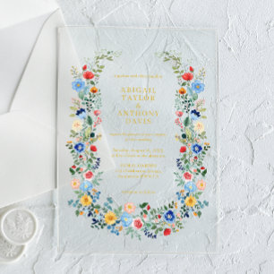 Wildblume Wreath Gold Script Garden Wedding Acryleinladungen