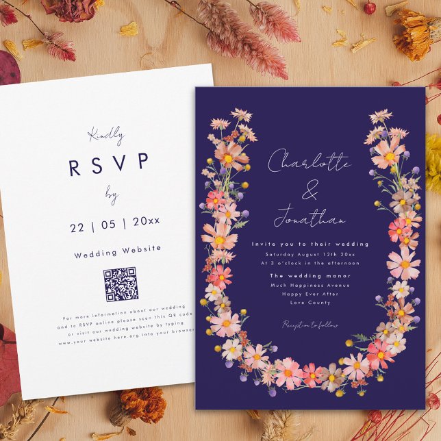 Wildblume Wreath Navy Blue Hochzeit im Herbst Einladung (Wildflower wreath fall navy blue wedding invitation with dried flowers and boho whimsical script)