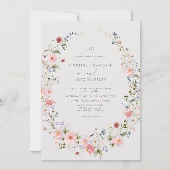 Wildblume Wreath | Qr Code UAwg Wedding Einladung (Vorderseite)