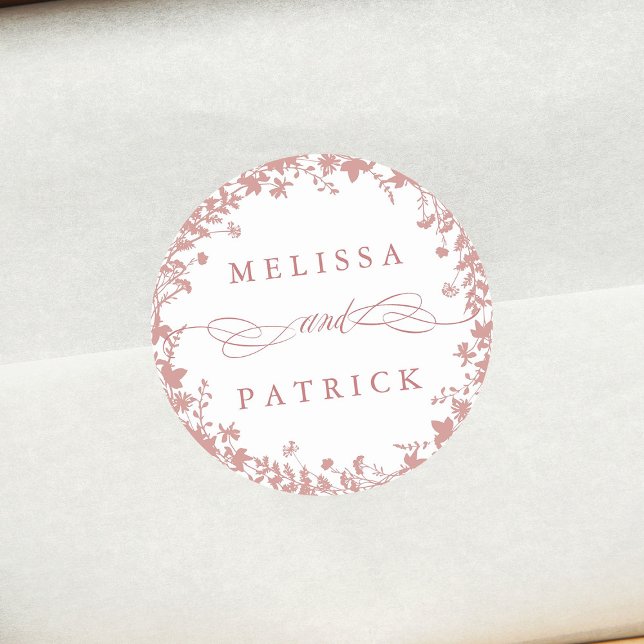 Wildblume Wreath Silhouette Hochzeit Dusty Pink Runder Aufkleber (Von Creator hochgeladen)