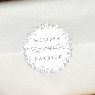 Wildblume Wreath Silhouette Hochzeit Grau & Weiß Runder Aufkleber