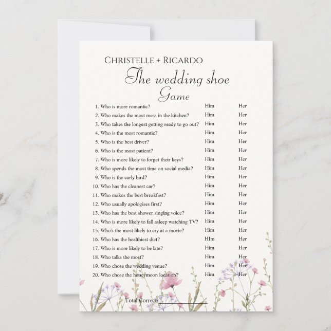 WildblumeHochschuhspiel Bachelorette Spiel Card Ankündigung (Vorderseite)