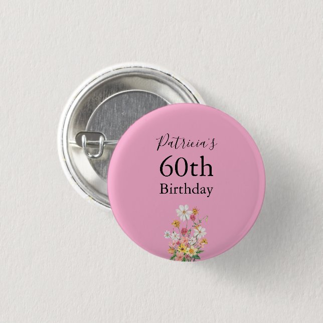 Wildblumen 60. Geburtstag Rosa Party Button (Vorne & Hinten)