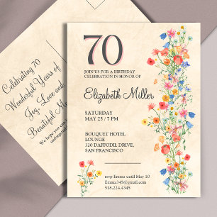 Wildblumen 70. Geburtstagsfeier Elegant Einladungspostkarte