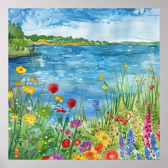 Wildblumen an einem See Poster (Vorne)
