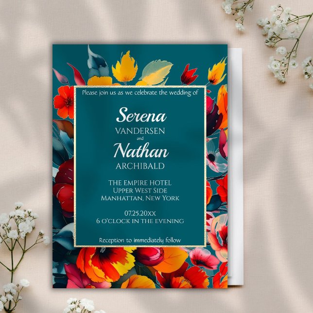Wildblumen Aquamarine klassische Hochzeitseinladun Einladung (This colorful modern floral wedding invitation in teal features a sparkling frame around your text)
