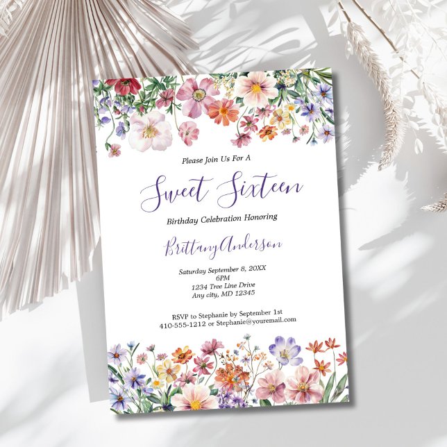 Wildblumen Aquarell 16 . Geburtstag 16 Geburtstag Einladung (Wildflowers watercolor florals sweet sixteen 16th birthday invitation. Printed or Digital)