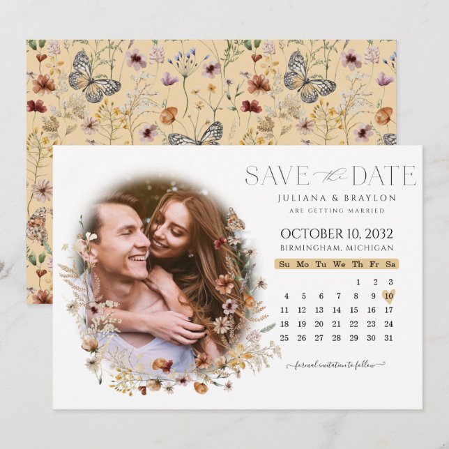 Wildblumen Aquarell Blumenkalender & Foto Sav Save The Date (Vorne/Hinten)