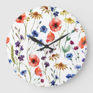 Wildblumen Aquarell Mohn Kamille Hintergrund Große Wanduhr