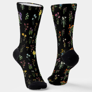 Wildblumen-Aquarell Schwarze Botanische Blüten Socken