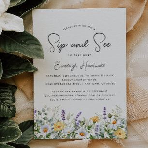 Wildblumen-Aquarell-Sip-and-See-Baby-Shower-Einlad Einladung