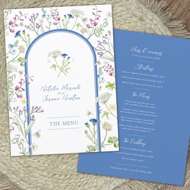 Wildblumen Aquarellblau Hochzeit Flat Menu Menükarte (Von Creator hochgeladen)