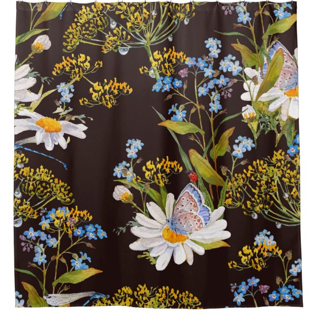 Wildblumen: Aquarellfarben mit schwarzem Hintergru Duschvorhang (Vorderseite)