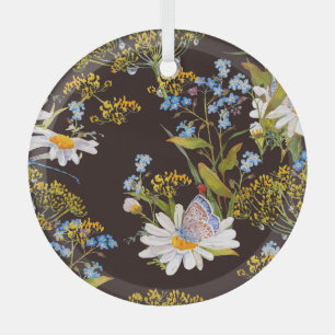 Wildblumen: Aquarellfarben mit schwarzem Hintergru Ornament Aus Glas