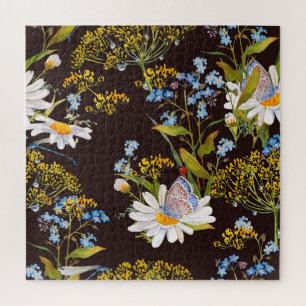 Wildblumen: Aquarellfarben mit schwarzem Hintergru Puzzle