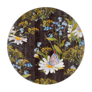 Wildblumen: Aquarellfarben mit schwarzem Hintergru Schneidebrett