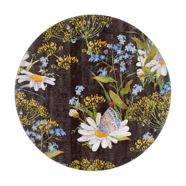 Wildblumen: Aquarellfarben mit schwarzem Hintergru Schneidebrett (Vorderseite)