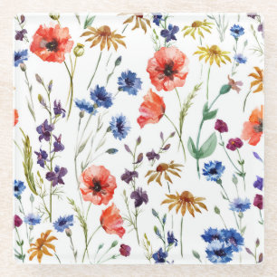 Wildblumen Aquarellmohn Kamille Hintergrund Glasuntersetzer