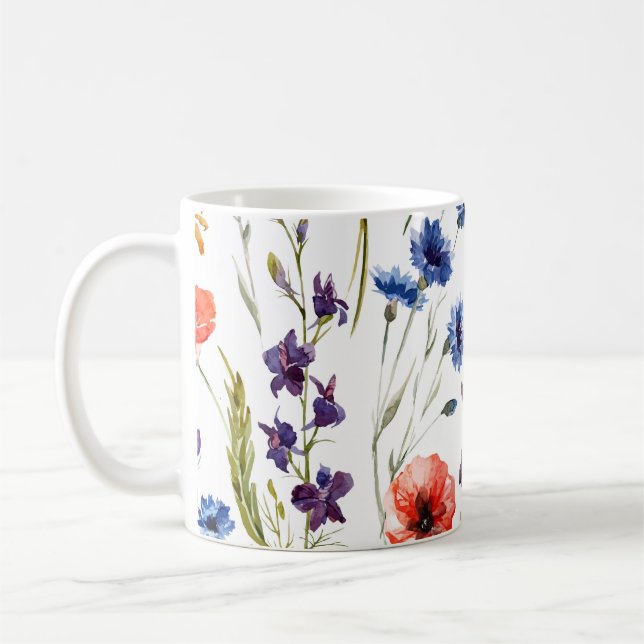 Wildblumen Aquarellmohn Kamille Hintergrund Kaffeetasse (Links)